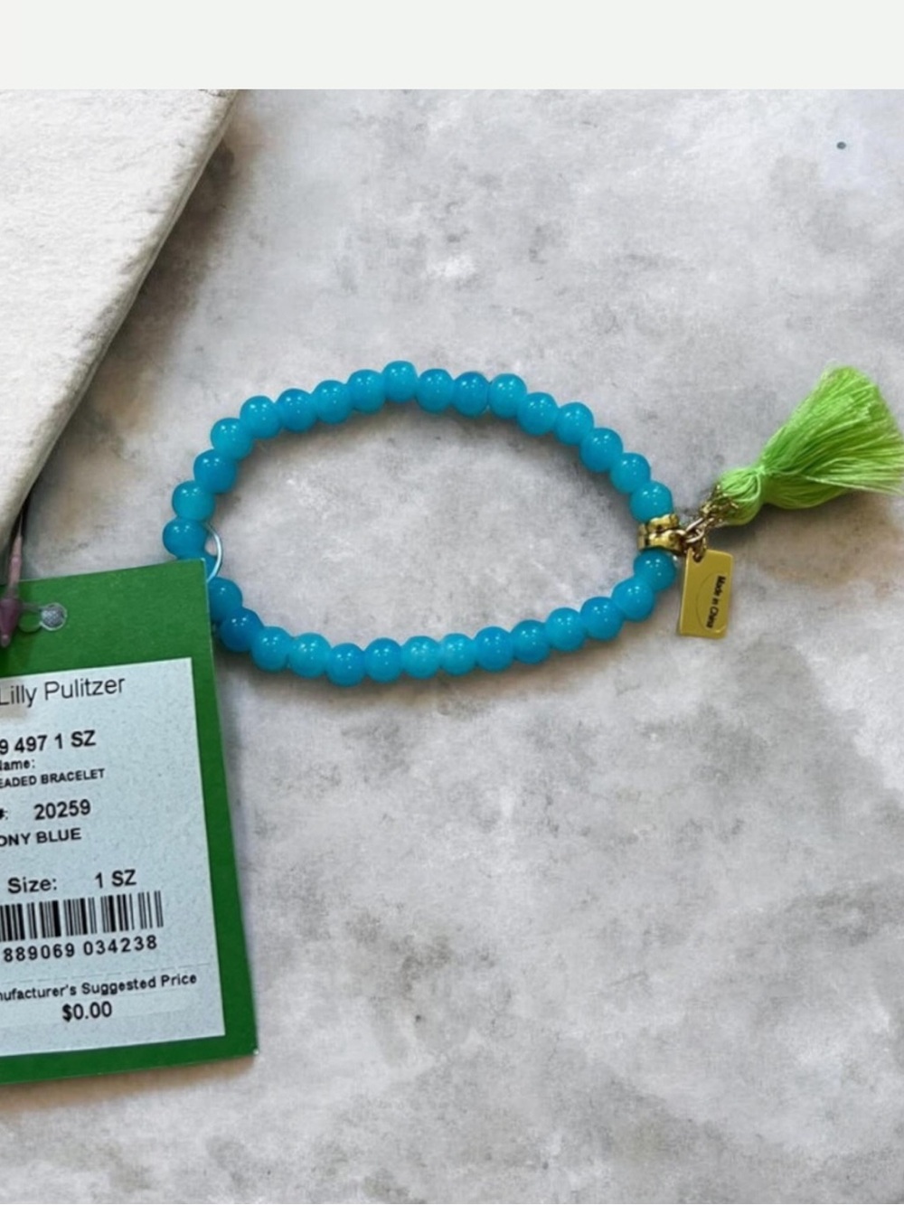 Lilly Pulitzer Turquoise Beaded Kids Bracelet with Lime Tassel